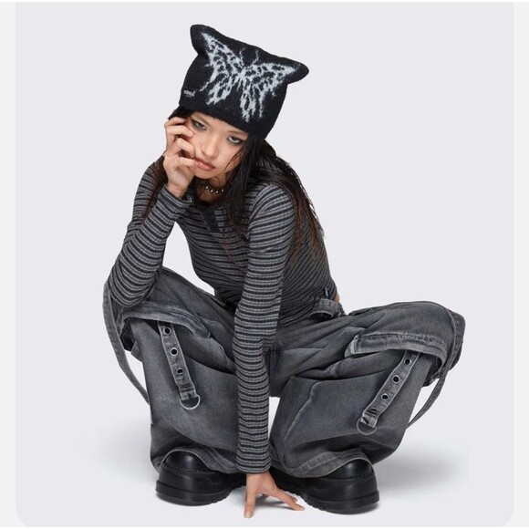 Minga London Dark Fly Knit Beanie Black Butterfly Cat Ear Style Hat Streetwear - Picture 7 of 7